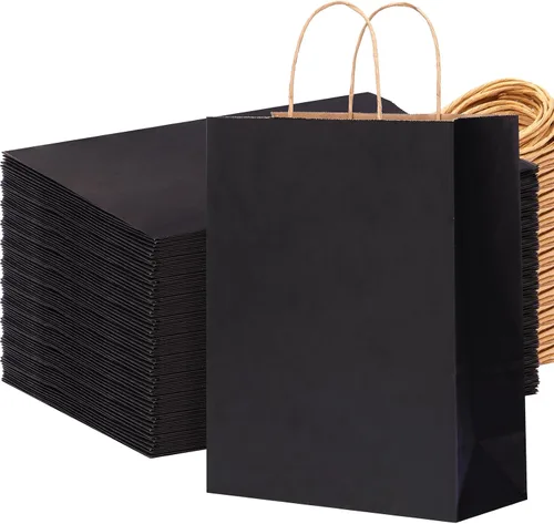 OUTUXED 100 bolsas de papel negro de 10 x 5 x 13 pulgadas, bolsas de regalo de papel kraft grandes con asas a granel para negocios, compras,