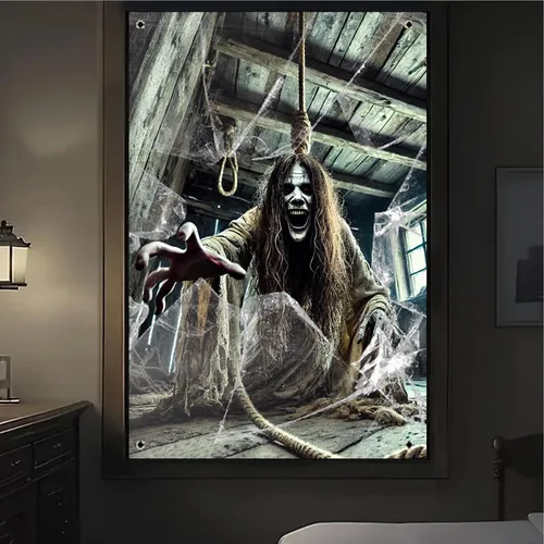 Miniatura 4 de BlissYard Pancarta para ventana de Halloween de 31 x 47 pulgadas, diseño de casa embrujada, fantasma, ventana, espíritu espeluznante, decoración