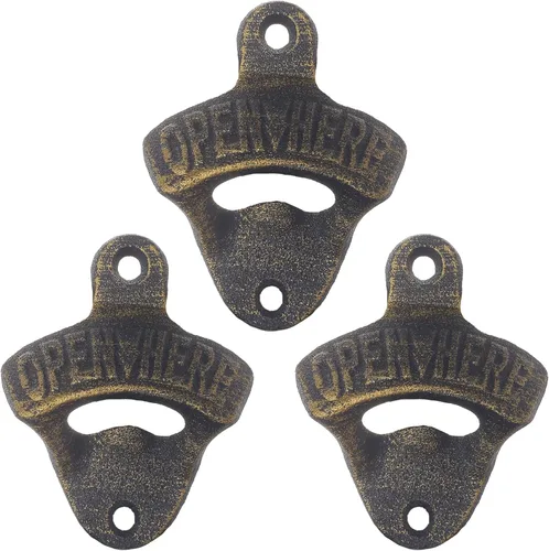 Miniatura 7 de Abridor de botellas de cerveza de hierro fundido de estilo antiguo Abridor de tapa de botella montado en la pared Oro envejecido (3 PCS)