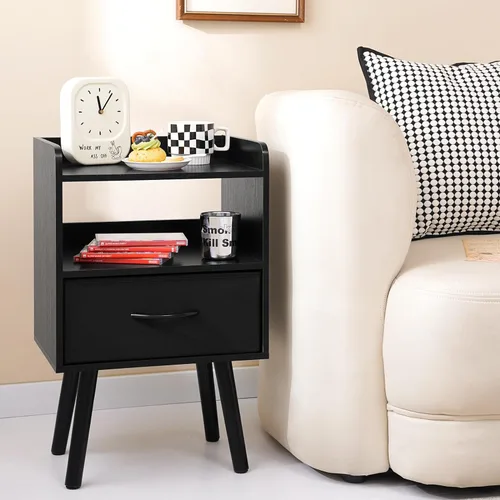 Miniatura 2 de Yoobure - Mesita de noche con cajón de tela, mesita de noche moderna, mesas de cabecera, mesitas de noche de mediados de siglo con estante de Negro