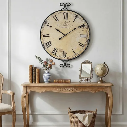 Miniatura 7 de Reloj de pared de 30 pulgadas para sala de estar, reloj de pared de granja extragrande, marco de hierro forjado con acabado dorado retro, relojes