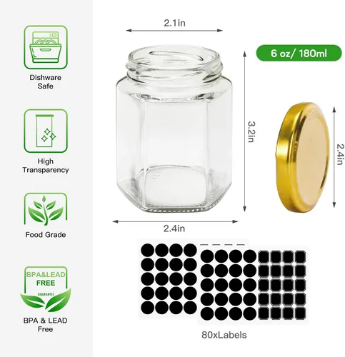 Miniatura 2 de Mini tarros de miel de 1.5 onzas, paquete de 48 tarros hexagonales de vidrio con tapas doradas para recuerdos de boda, recuerdos de fiesta