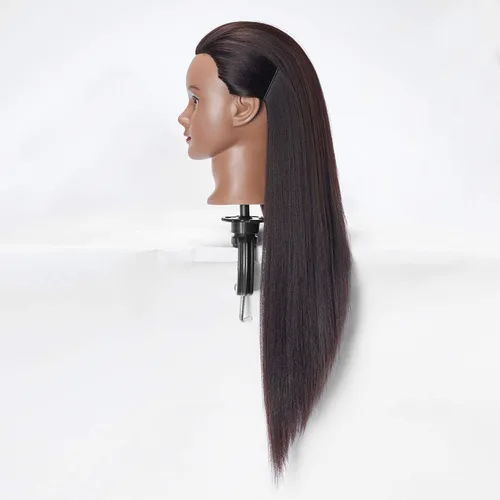 Miniatura 3 de 26-28" Cabeza de maniquí con cabello de fibra sintética Yaki para estilizar, cabeza de muñeca para entrenamiento de cosmetología, cabeza de maniquí