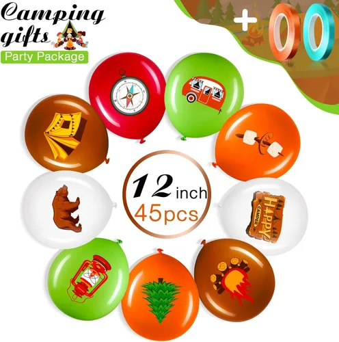 Miniatura 2 de 45 globos de campista, coloridos globos de fiesta de campamento, suministros de fiesta temática de aventura con cinta verde y marrón, kits de globos