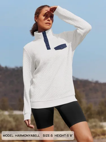 Miniatura 5 de MEROKEETY sudadera de manga larga con cuello en V y botones acolchados con retazos para mujer.