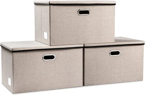 Miniatura 10 de PRANDOM Contenedor de almacenamiento plegable con tapa [1 unidad] Caja de almacenamiento decorativa de tela de lino, cesta organizadora con asas