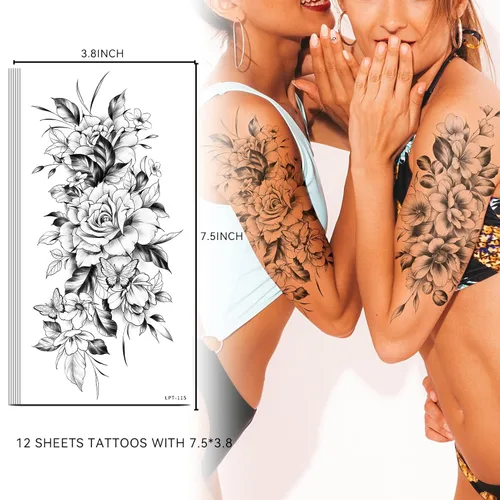 Miniatura 6 de EMOME 12 hojas de tatuajes temporales sexys para mujeres, flores de medio brazo, manga de tatuajes falsos, calcomanías de tatuaje realistas