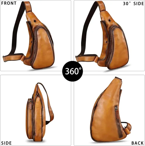 Miniatura 5 de Bolso de cuero genuino para mujeres y hombres, mochila de cuero retro para el pecho, bolso cruzado