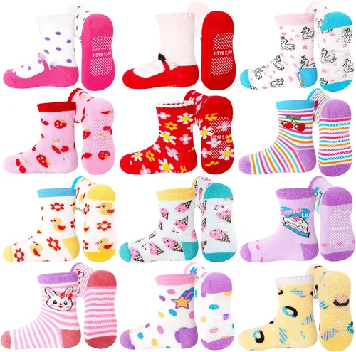 Miniatura 10 de GRPSKCOS Calcetines antideslizantes para niños pequeños, 12 pares de calcetines antideslizantes para niños y niñas de 1 a 7 años