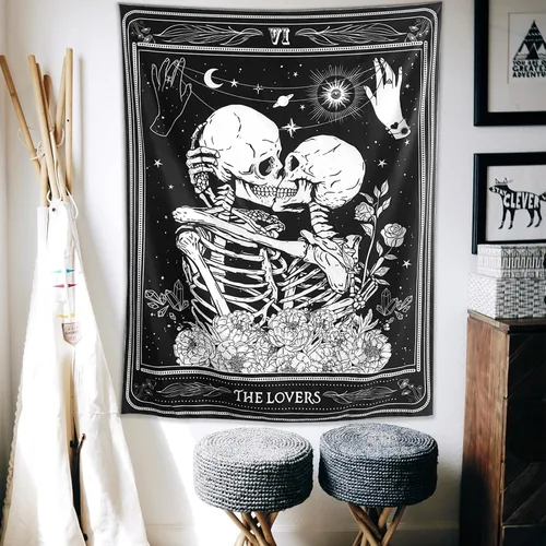 Miniatura 3 de KJHL The Lovers - Tapiz de calavera para colgar en la pared, tapiz gótico negro de bruja, tapiz de esqueleto vertical oscuro, tapices estéticos