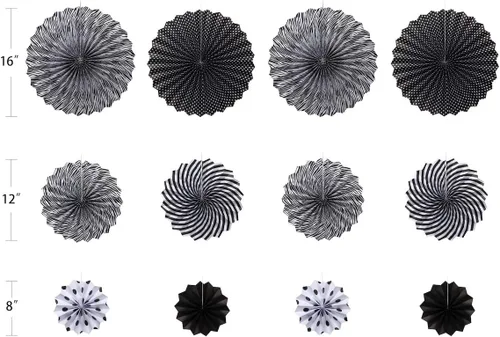 Miniatura 4 de ONUPGO Paper Fans - Juego de abanicos de papel para colgar en fiestas, color negro, 12 unidades, decoración de fiesta mexicana, pancarta colgante