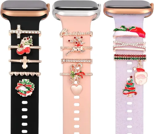 Miniatura 8 de 15 dijes de reloj con 12 trabillas decorativas para anillos, 3 tachuelas, accesorios de correa deslizante de diamante de metal compatibles con Apple