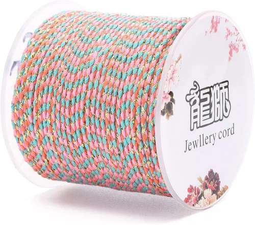 Miniatura 3 de Pandahall - Cordón de macramé de 21.8 yardas con alambre dorado, de algodón de 4 capas hecho a mano, trenzado y teñido para ganchillo, bohemio, Rosa