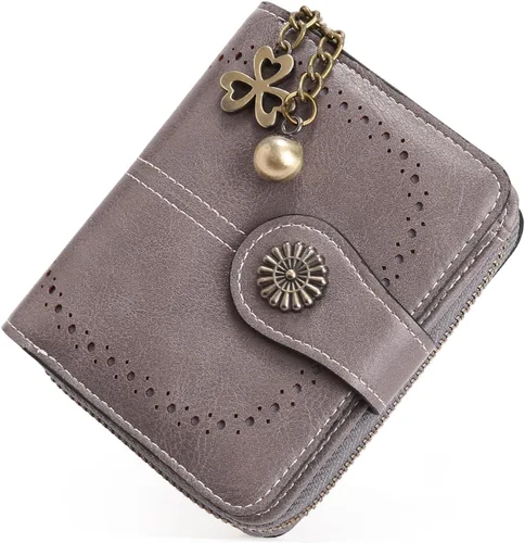 Miniatura 11 de Cartera pequeña para mujer, de piel, plegable, compacta, con bloqueo RFID, con bolsillo con cremallera para monedas, A01 Rojo Vino, Classic