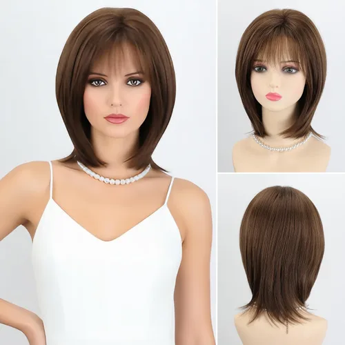 Miniatura 24 de RENERSHOW Pelucas rubias en capas para mujeres blancas con flequillo, peluca de pelo corto lacio, peluca sintética de color rubio degradado