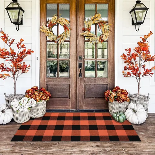 Miniatura 15 de Alfombra a Cuadros Naranja y Negra, 3 x 5 Pies, Alfombra Decorativa de Otoño para Puerta Delantera al Aire Libre, Alfombra de Algodón Lavable Tejida