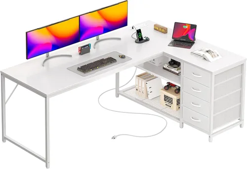 Miniatura 14 de PRAISUN Escritorio en forma de L de 53" con tomas de corriente y puerto USB-C, escritorio reversible de esquina para computadora de oficina con 4