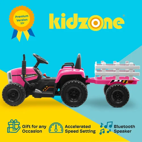Miniatura 2 de Kidzone - Versión premium de 12 V 7 AH con neumáticos de goma EVA con motores duales de 35 W, tractor eléctrico alimentado con remolque, juguete