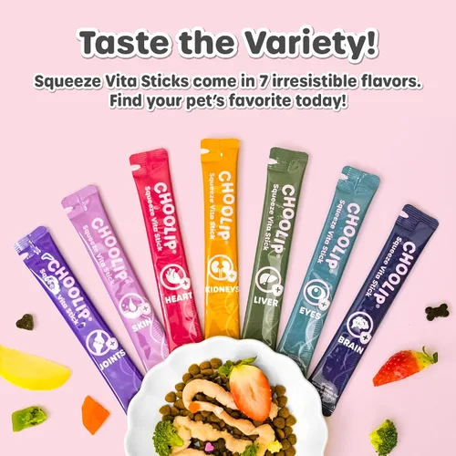 Miniatura 7 de Choolip Squeeze Vita Stick - Golosinas lamibles para gatos y perros, paquete variado de 7 unidades, puré cremoso con multivitaminas