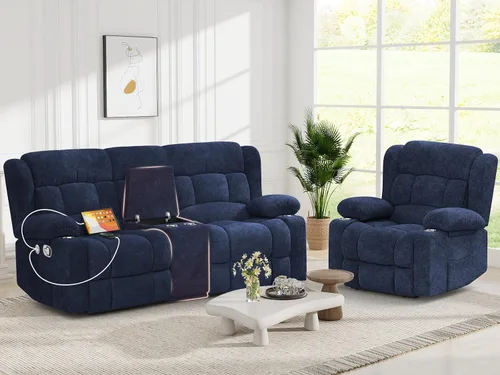 Miniatura 25 de Juego de Sofá Reclinable de Dos Plazas con 2+1 Piezas, Sillón Reclinable Minimalista de 2 Plazas con Pestaña de Tirón Manual, Tela con Puertos