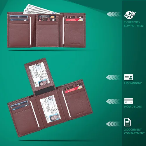 Miniatura 2 de Billetera de tres pliegues para hombre Cartera de piel auténtica con bloqueo RFID con 9 ranuras para tarjetas