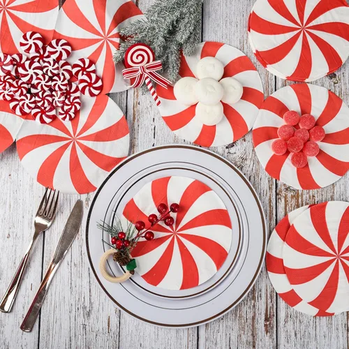 Miniatura 4 de Servilletas de papel de Navidad, 100 servilletas desechables de caramelo de menta redondas, piruletas de Navidad, decoración de vajilla, servilletas