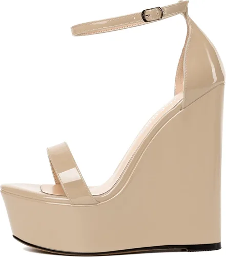 Miniatura 2 de WAYDERNS Sandalias de tacón alto con plataforma y correa de tobillo para mujer, con hebilla de noche, puntera abierta, de moda, de charol, de 6
