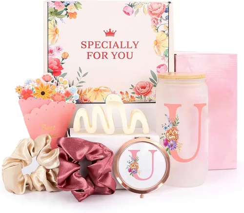 Miniatura 17 de Regalos de cumpleaños para mujeres – Caja de regalo personalizada con inicial con taza de vidrio con monograma, coleteros para el cabello y clip