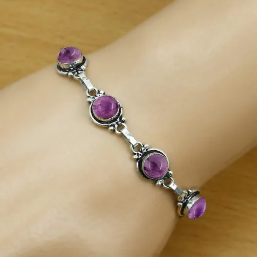 Miniatura 97 de Round Shape Natural & Synthetic Gemstones Silver Plated Bracelets for Women - Vintage Bohemian Style Handmade Birthstone Adjustable Link Bracelet