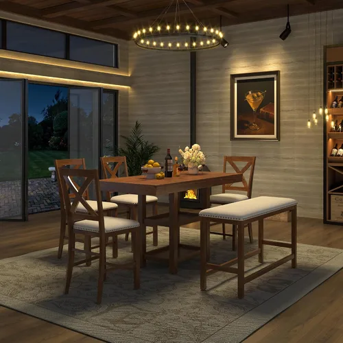 Miniatura 2 de JIVOIT Farmhouse 6 Piece Dining Table Set, Counter Height Table Set with 4 Chairs and a Bench, Rubber Wood Expandable Bar Table Set with Rivet Gris-3