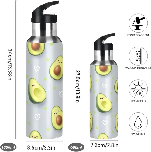 Miniatura 2 de Cute Cartoon Avocado Faces Stainless Steel Water Bottle 20 Oz Leakproof Water Bottles, BPA-Free Sports Water Bottle with Straw