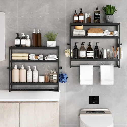 Miniatura 5 de RRX Organizador de almacenamiento de estante de baño, estante de baño, organizador de bambú de 3 niveles ajustable con barra, colgante, estante Negro