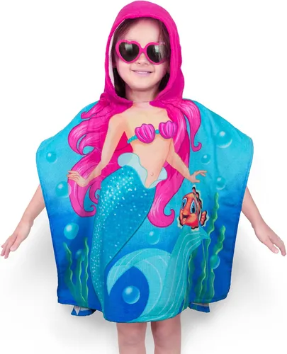 Softerry Poncho con capucha de sirena para niños, toalla de baño de playa 100% algodón para 2-7 años, 28 x 47 (27.6 x 47.2 in) pulgadas (diversión