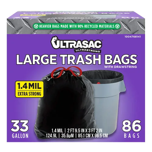 Ultrasac Bolsas de basura negras grandes y resistentes con cordón de 33 galones, 1.4 milésimas de pulgada de diámetro, 33.5 x 38 pulgadas, paquete