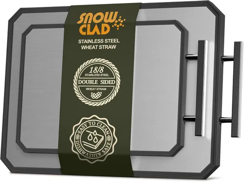 SNOWCLAD Tabla de cortar de acero inoxidable, juego de tablas de cortar de acero de doble cara para cocina, acero inoxidable/paja de trigo, PP