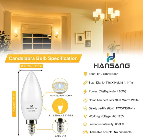 Miniatura 3 de Candelabra - Bombillas LED (60 W, equivalente a 600 lm, luz blanca cálida, 2700 K, casquillo E12, base pequeña, 6 unidades, no regulable, 6 unidades)