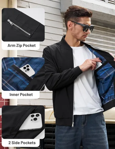Miniatura 6 de TACVASEN Chaqueta bomber para hombre, con forro a cuadros, casual, cortavientos, elegante, ligera, para otoño, primavera, chaquetas resistentes al
