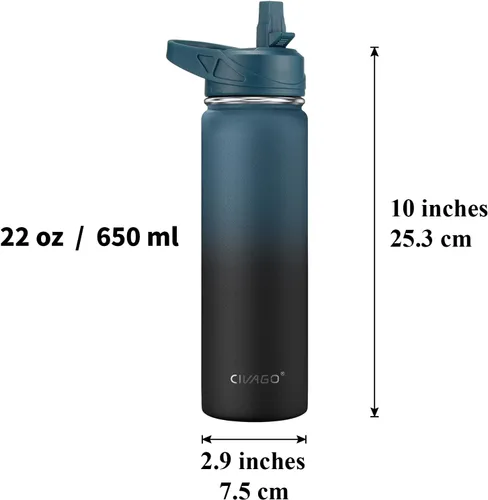 Miniatura 4 de CIVAGO Botella de agua aislada de 22 onzas con pajita, frasco de agua deportiva de acero inoxidable con 3 tapas