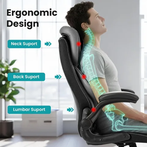 Miniatura 3 de Silla de oficina ergonómica con soporte lumbar de resorte de bolsillo, silla de cuero ejecutiva, respaldo alto, reposacabezas ajustable, brazos