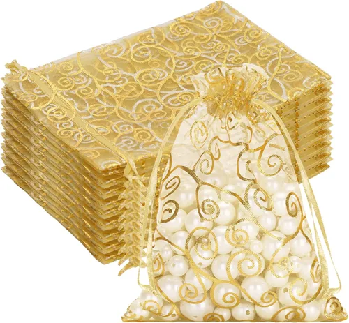 Miniatura 9 de G2PLUS Bolsas de regalo de organza de 4 x 6 pulgadas, 50 bolsas de organza de malla transparente con estampado de ratán dorado, bolsas de joyería