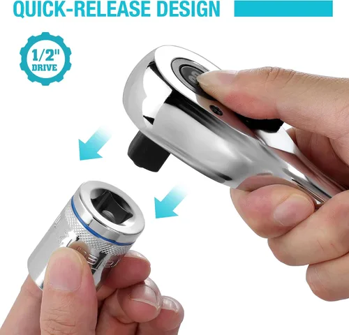 Miniatura 6 de DURATECH Mango de trinquete de accionamiento de 1/2 pulgadas con mango extra largo, llave de trinquete de 90 dientes de liberación rápida con mango
