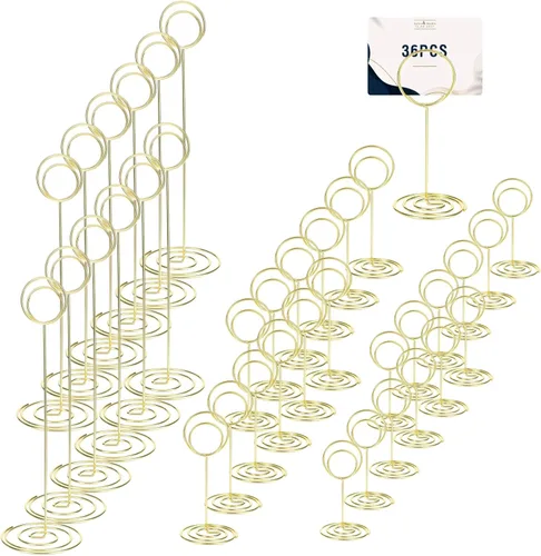 36 soportes para números de mesa, dorados, 3 tamaños, soporte para tarjetas de lugar, soportes dorados para centros de mesa, números de nombre,