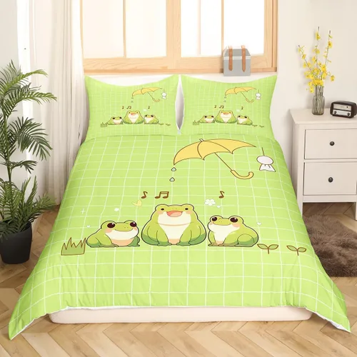 Miniatura 2 de Castle Fairy Juego de ropa de cama con diseño de rana, tamaño individual, funda de edredón de animales verdes de dibujos animados para niños