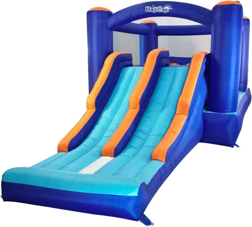 Miniatura 6 de Casa de Rebote Inflable con Pista de Obstáculos para Niños - 2 Toboganes de Carreras, Área de Salto, Túnel y Paredes de Escalada con Soplador