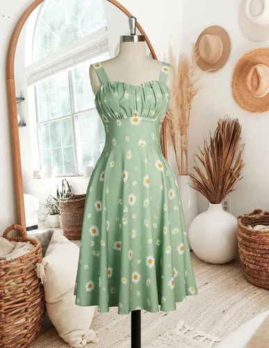 Miniatura 4 de Belle Poque Vestido vintage sin mangas para mujer, diseño floral, fruncido, lindo, acampanado, con vuelo, largo hasta la rodilla