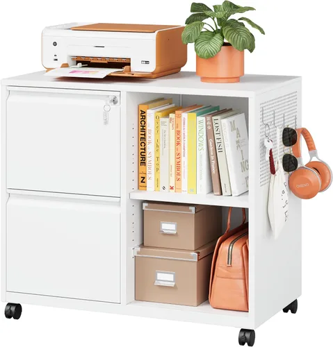 Miniatura 17 de Archivador de metal con 2 cajones con cerradura, gabinete archivador con soporte para impresora móvil y estantes para archivos de tamaño Negro