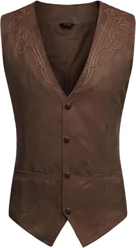 Miniatura 4 de COOFANDY Chaleco de traje de cuero de gamuza para hombre, chaleco occidental casual, chaleco ajustado