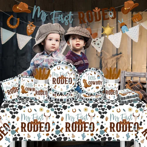 Miniatura 2 de Suministros de fiesta de cumpleaños de mi primer rodeo para niño - 142 piezas, vajilla occidental de vaquero para fiesta del 1er rodeo, decoración