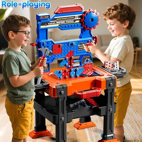 Miniatura 5 de Juego de Herramientas de Juguete para Niños de 3 4 5 6 7 8 años, Juguetes de Banco de Trabajo 2 en 1 para Niños Pequeños de 3-5 años, Caja