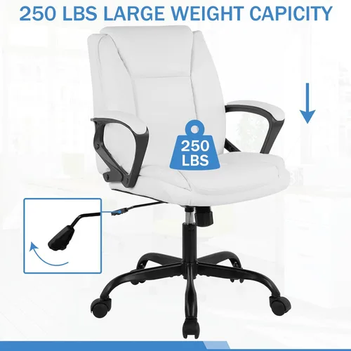 Miniatura 6 de Silla ergonómica de piel sintética con respaldo medio y soporte lumbar, reposabrazos, giratorio giratorio, ajustable para adultos (blanco)